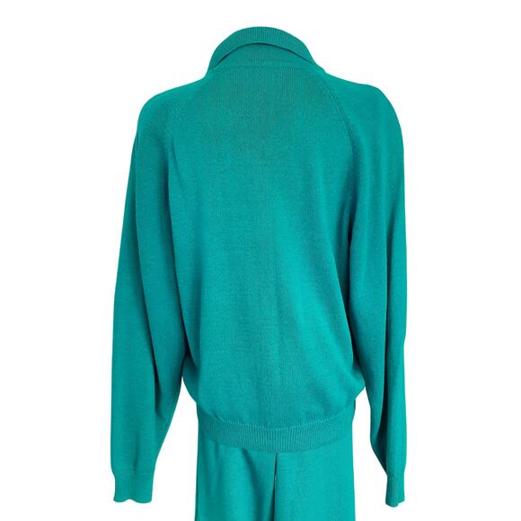 Vintage 80s Collared Crop Sweater + Straight Leg Knit Pants Set Aqua Womens L/XL - Picture 5 of 10